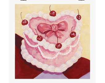 Trendy Heart Cake Poster, Pink Dessert Kitchen Art Print, Office Room Decor