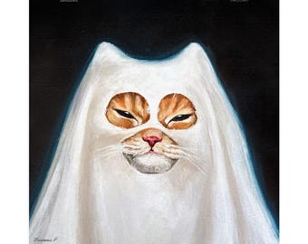 Ghost Cat Halloween Poster, Spooky Season Kitty Wall Art