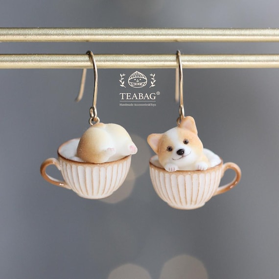 Mismatched Corgi Earrings: Handmade Resin Puppy Jewelry, 14k Gold-Filled