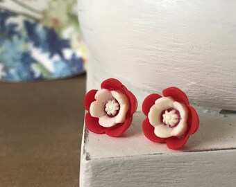 White Lily Flower or Red White Blossom Earrings | Stud Back Earrings | Full Bloom Flower Studs