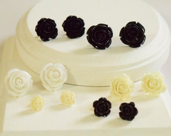 Rose Flower Earrings | Stud Back Earrings |  Black & White Rose Earrings | Full Bloom Rose Studs