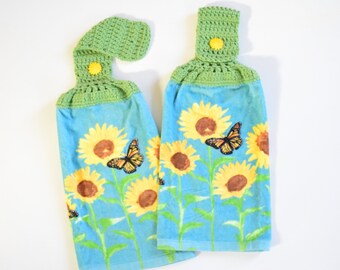 Monarch Butterfly and Sunflowers |  Crochet Top Towels |  Kitchen Towels | Set of Two | Classic Retro Kitchen Decor