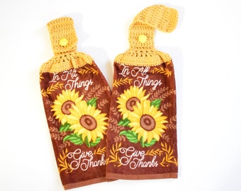 Give Thanks Sunflower Print Crochet Top Towel | Single Kitchen Towel