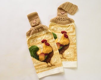 Rooster Crochet Top Towels | High Quality Cotton Towels | Kitchen Towels | Set of Two | Classic Retro Kitchen Decor