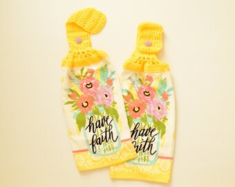 Have Faith & Floral Kitchen Towel | Single Crochet Top Towel