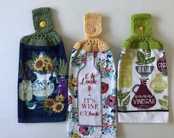 Crochet Top and Cotton Towels | Pitcher with Sunflowers Kitchen Towel | Wine O'clock Kitchen Towel | Vinegar and Olive Oil Print Towel