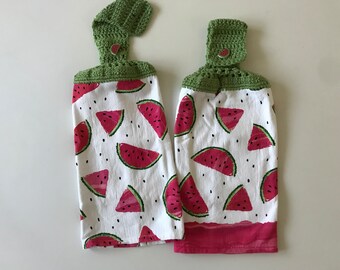 Watermelon Print Cotton  Kitchen Towels | Crochet Top Towel Set
