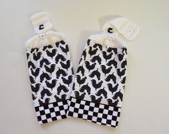 Chicken Print Kitchen Towel | Crochet Top Towel Set | Black and White Towel