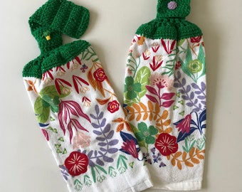 Floral Crochet Top Towels | Spring Flowers Print Kitchen Towel
