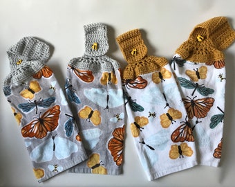 Monarch Butterfly Kitchen Towels | Crochet Top Towels | Set of Two