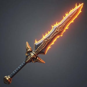 May include: A fantasy sword with a black blade and gold detailing. The blade is surrounded by orange flames, and the hilt has ornate gold features. The handle is wrapped in a dark, textured material.