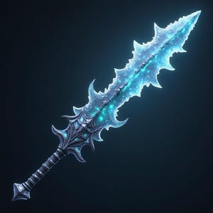 May include: A fantasy sword with a glowing, icy blue blade and an ornate, dark metal hilt. The blade has a jagged edge and a central glowing line. The hilt features intricate designs and a textured grip. The design suggests a magical or mythical weapon.