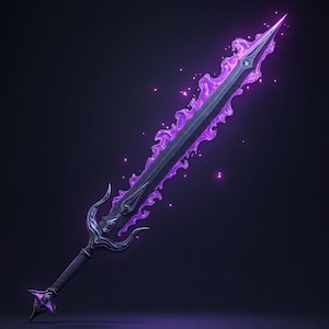May include: A fantasy sword with a dark grey blade and a purple energy effect. The hilt and pommel feature ornate designs and purple accents. The sword is set against a dark background with glowing purple particles.