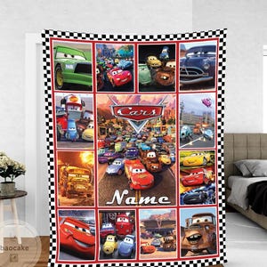 May include: A rectangular fleece blanket featuring a collage of characters from the movie Cars, framed by a black and white checkered border. The center panel displays the Cars logo above the word Name, surrounded by various animated vehicle scenes.