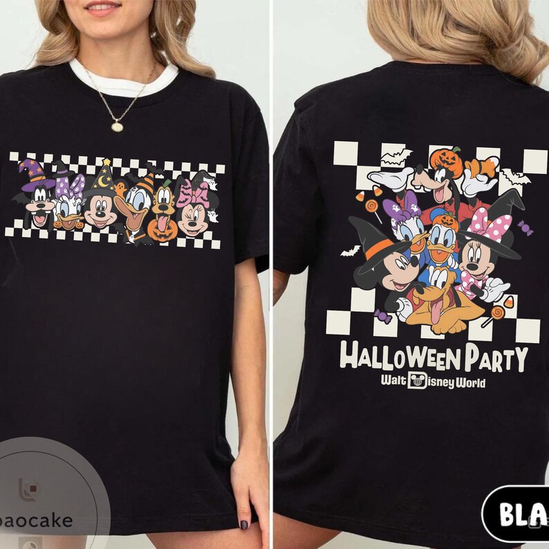 May include: Black t-shirt featuring a Halloween-themed graphic with Disney characters. The front displays a row of characters, while the back showcases a larger group with the text "Halloween Party" and "Walt Disney World".