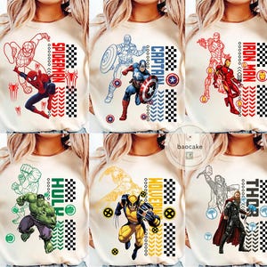 All Characters Checkered Disney Marvel Avengers Shirt, Spiderman Iron Man Signature Birthday Boy Birthday Girl, Marvel Family Group Matching image 1