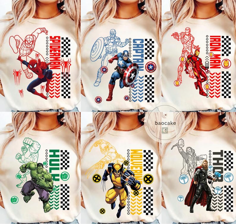 All Characters Checkered Disney Marvel Avengers Shirt, Spiderman Iron Man Signature Birthday Boy Birthday Girl, Marvel Family Group Matching image 1