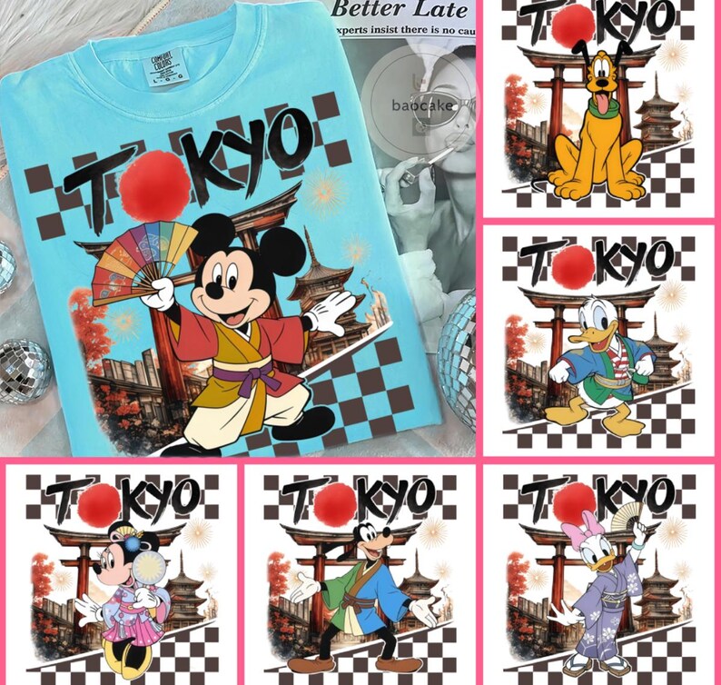 Camiseta de Mickey y sus amigos para el viaje a Disneyland Tokio 2026 con todos los personajes, camiseta personalizada para vacaciones familiares en Disney, camiseta estilo kimono de Mickey Japón imagen 2