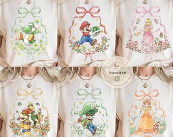 Camiseta de Super Mario: Camiseta de personajes de Nintendo Super Mario con lazo coqueto, camiseta de Mario Peach Yoshi Luigi del universo épico, regalos de cumpleaños de Mario