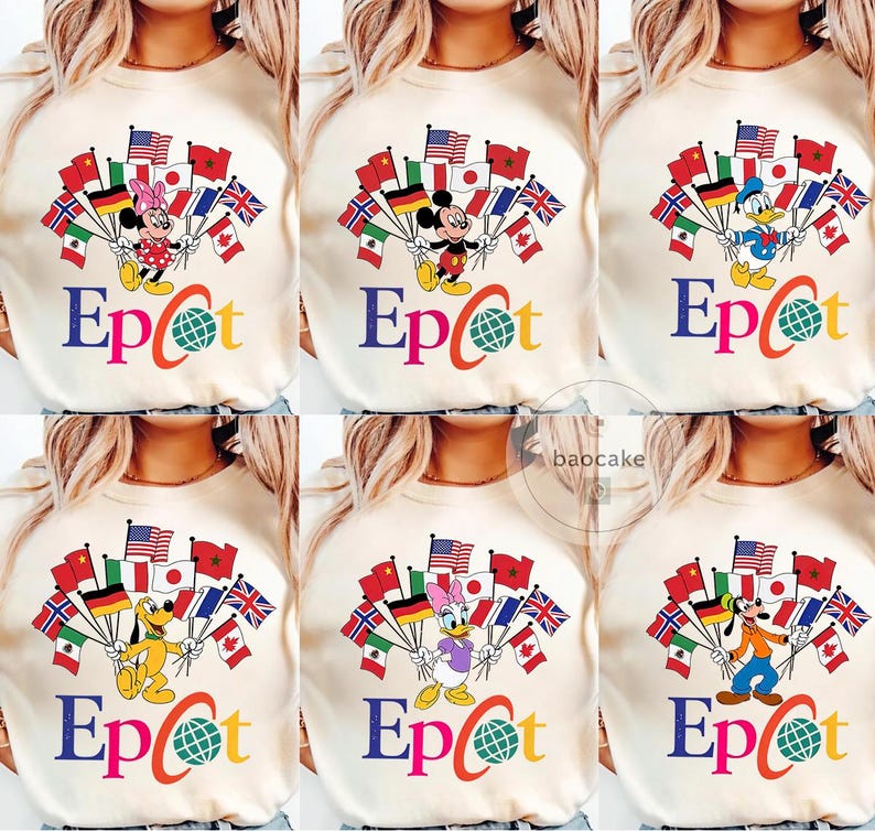 May include: A cream-coloured sweatshirt with a colourful graphic of Disney characters holding flags from around the world. The word "Epcot" is written in blue, orange, and red, with a globe graphic. The sweatshirt is a casual style.