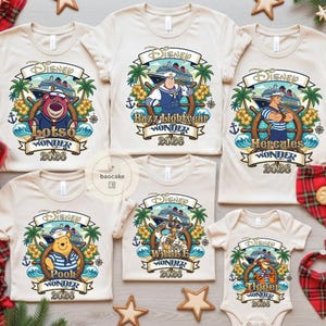 May include: A collection of cream-colored Disney-themed t-shirts and a onesie. Each shirt features a different character: Lotso, Buzz Lightyear, Hercules, Pooh, Wall-E, and Tigger. The shirts have a cruise ship design with the text "WONDER 2026".