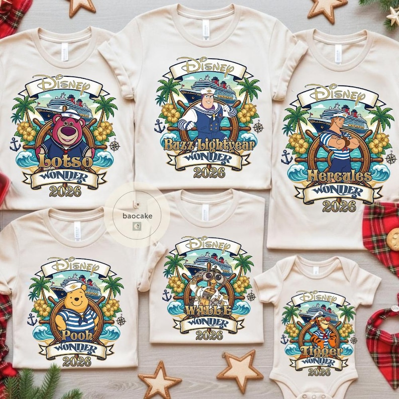 May include: A collection of cream-colored Disney-themed t-shirts and a onesie. Each shirt features a different character: Lotso, Buzz Lightyear, Hercules, Pooh, Wall-E, and Tigger. The shirts have a cruise ship design with the text "WONDER 2026".