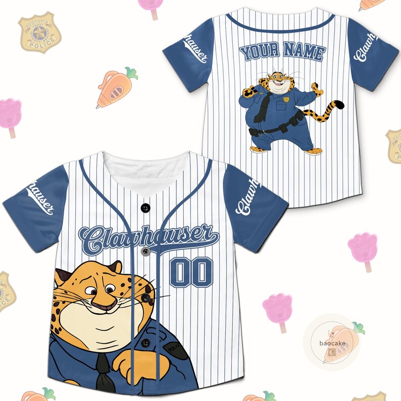 May include: White baseball jersey with blue sleeves and pinstripes. Features a cartoon cheetah character in a police uniform. The jersey has the name "Clawhauser" and the number "00" on the front, and "YOUR NAME" on the back.