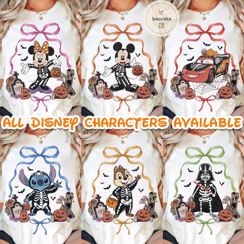 May include: White t-shirts featuring Halloween-themed Disney characters in skeleton costumes. Designs include Minnie Mouse, Mickey Mouse, Lightning McQueen, Stitch, Chip, and Darth Vader. The text "ALL DISNEY CHARACTERS AVAILABLE" is displayed.