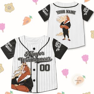 May include: White and black pinstripe baseball jersey with a cartoon horse character wearing a suit. The jersey has the text "Mayor Windlancer" and the number "00" on the front. The back of the jersey has the text "YOUR NAME". The sleeves have the text "Mayor Dancer".