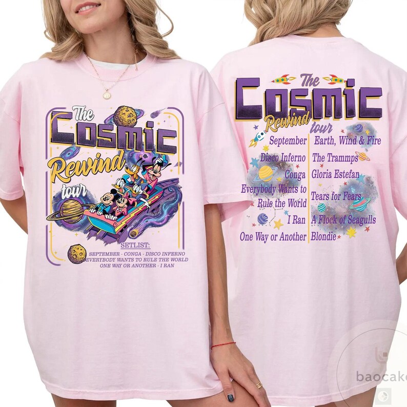 May include: A light pink t-shirt featuring a graphic of Mickey Mouse and friends on a space-themed ride, with the words "The Cosmic Rewind Tour." The back of the shirt lists tour dates and bands.