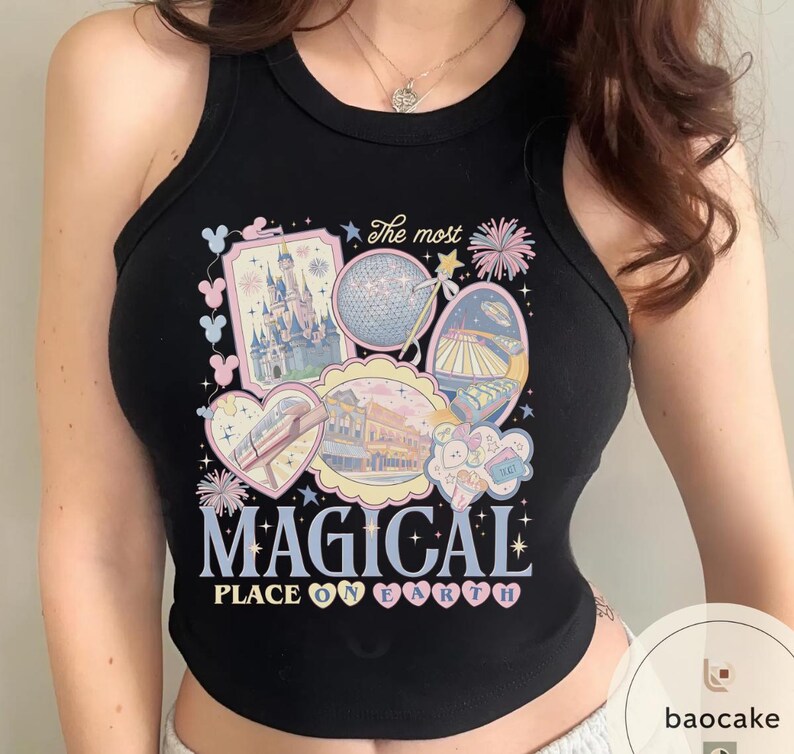 May include: Black tank top with a colourful graphic featuring theme park imagery, including a castle, Spaceship Earth, and a monorail. The text "The most MAGICAL PLACE ON EARTH" is displayed in a whimsical font.