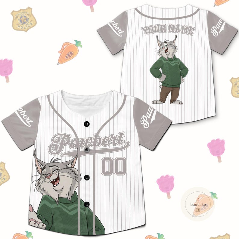 May include: White baseball jersey with gray sleeves and pinstripes. Features a cartoon lynx character and the name "Powbert" on the front. The back has "Your Name" above the character. The jersey has the number "00".