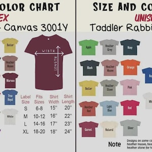 May include: A size and colour chart for unisex t-shirts and toddler shirts. The chart displays various shirt colours, including green, blue, and pink, with size and measurement details. The shirts are Bella + Canvas 3001Y and Toddler Rabbit Skins 3321.