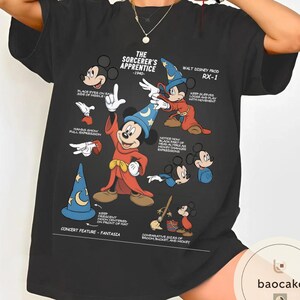 May include: Black t-shirt featuring a graphic of Mickey Mouse in his Sorcerer's Apprentice outfit from the 1940 Disney film, Fantasia. The design includes text and illustrations detailing Mickey's features and poses. The shirt also has the text "WALT DISNEY PROD RX-1".
