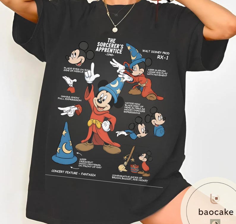 May include: Black t-shirt featuring a graphic of Mickey Mouse in his Sorcerer's Apprentice outfit from the 1940 Disney film, Fantasia. The design includes text and illustrations detailing Mickey's features and poses. The shirt also has the text "WALT DISNEY PROD RX-1".