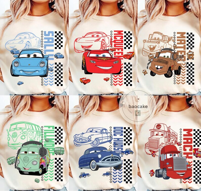 May include: Crew neck sweatshirts with cartoon car designs. Each top displays a different character, including Sally, McQueen, Mater, Doc Hudson, Fillmore, and Mack. The designs incorporate checkered flag and arrow details.