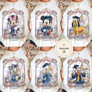 May include: A collection of white t-shirts featuring various Disney characters in graduation attire. Each shirt displays a different character, including Minnie Mouse, Mickey Mouse, Pluto, Daisy Duck, Donald Duck, and Goofy, with the text "SENIOR Stephanie".