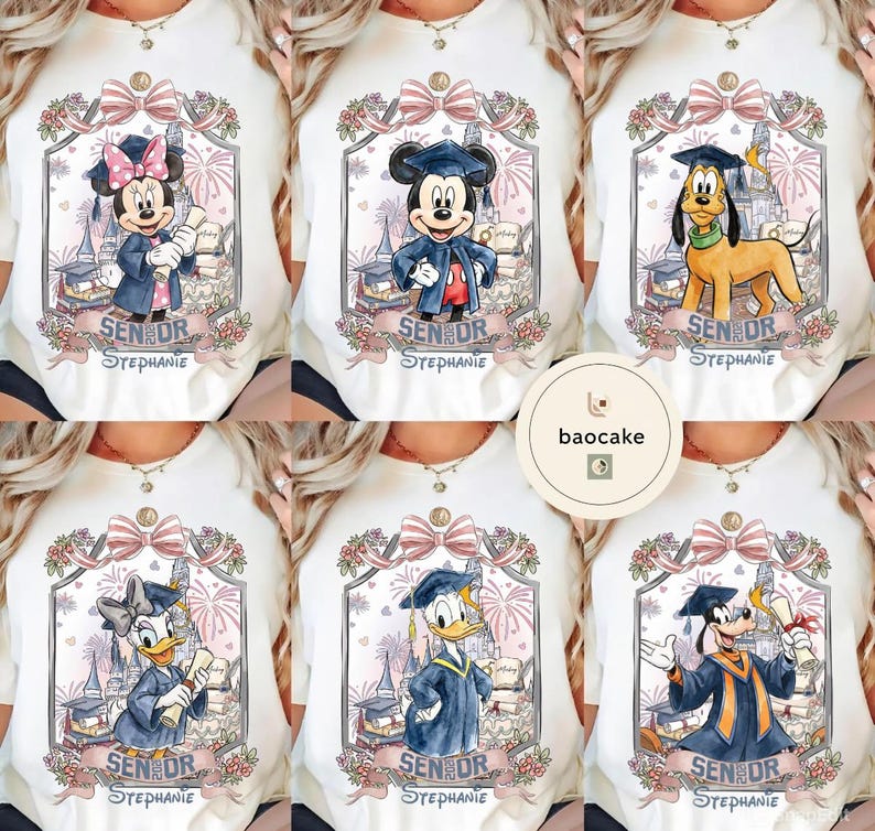 May include: A collection of white t-shirts featuring various Disney characters in graduation attire. Each shirt displays a different character, including Minnie Mouse, Mickey Mouse, Pluto, Daisy Duck, Donald Duck, and Goofy, with the text "SENIOR Stephanie".