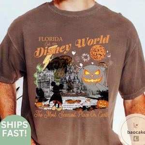 May include: Brown t-shirt with a Halloween-themed graphic. The design includes the text "FLORIDA Disney World" and "The Most Scariest Place On Earth". The graphic features a castle, Mickey Mouse, and jack-o'-lanterns.