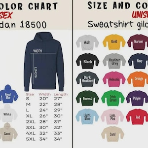 May include: A size and colour chart for unisex hoodies and sweatshirts. The chart shows various colours, including black, navy, and orange, with size measurements in inches. The hoodie is Gildan 18500, and the sweatshirt is Gildan 18000.