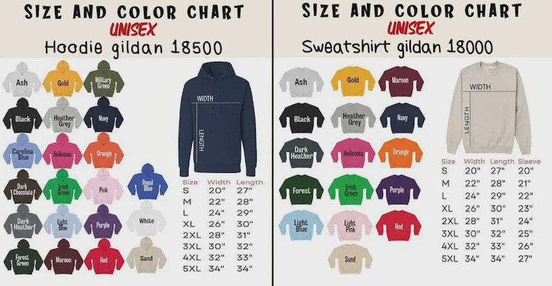 May include: A size and colour chart for unisex hoodies and sweatshirts. The chart shows various colours, including black, navy, and orange, with size measurements in inches. The hoodie is Gildan 18500, and the sweatshirt is Gildan 18000.