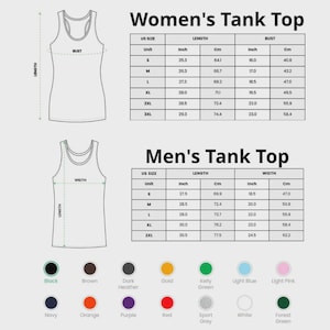 May include: A sizing chart for tank tops featuring two diagrams with length and width measurements in inches and centimeters. Tables list US sizes from S to 3XL for women and S to 2XL for men. A color palette shows 14 circular swatches with labels.