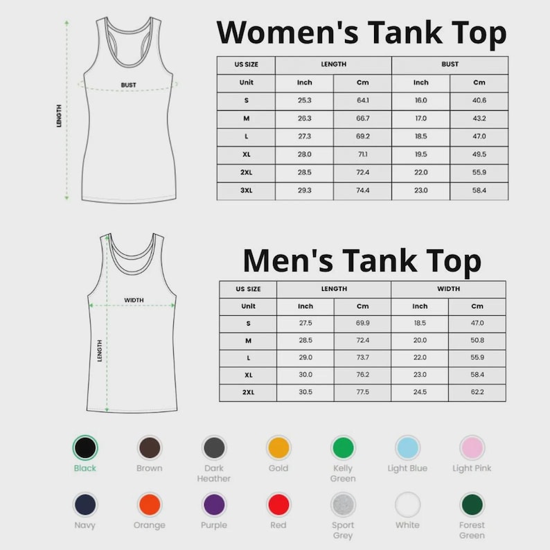 May include: A sizing chart for tank tops featuring two diagrams with length and width measurements in inches and centimeters. Tables list US sizes from S to 3XL for women and S to 2XL for men. A color palette shows 14 circular swatches with labels.