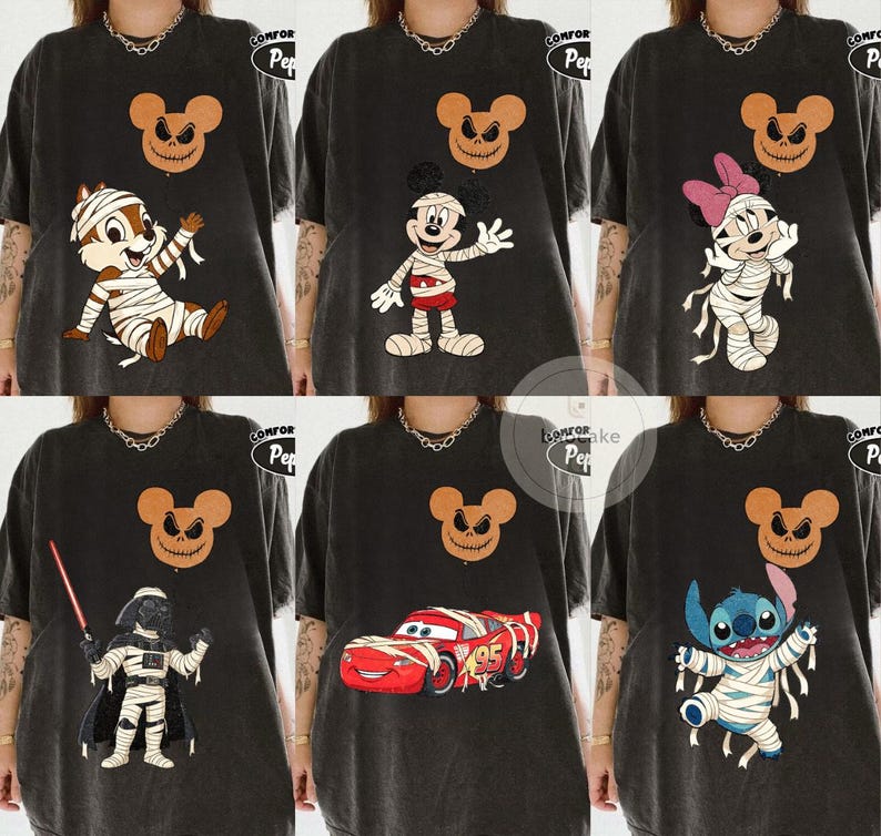 May include: A collection of black graphic t-shirts featuring various cartoon characters in Halloween mummy costumes. Designs include Chip, Mickey Mouse, Minnie Mouse, Darth Vader, Lightning McQueen, and Stitch, each paired with a jack-o'-lantern Mickey Mouse head.