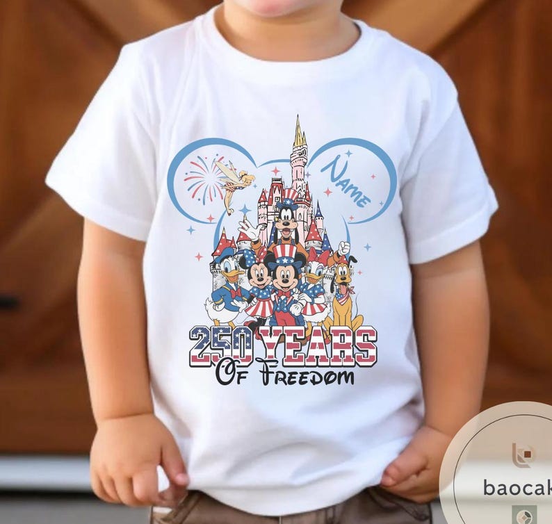 Peut inclure: T-shirt blanc avec un motif color&eacute; de personnages Disney en tenues patriotiques, dont Mickey Mouse et Donald Duck, devant un ch&acirc;teau. Le texte indique "250 Years of Freedom" et "Name".
