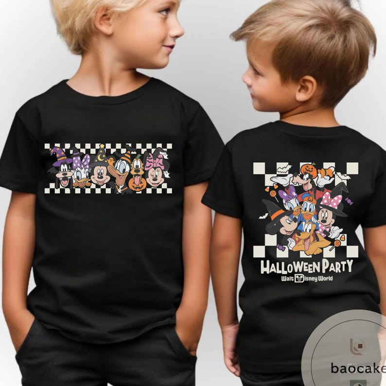 May include: Black t-shirts featuring a Halloween-themed cartoon graphic. The front of the shirt displays a row of characters, while the back has the words "Halloween Party" and "Walt Disney World".