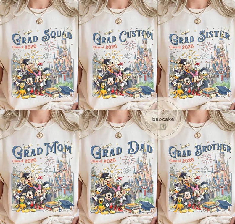 May include: Cream-coloured t-shirts with graduation designs. Each shirt features a Disney-themed graphic with characters like Mickey Mouse and Donald Duck, along with text such as "Grad Squad" and "Class of 2026".