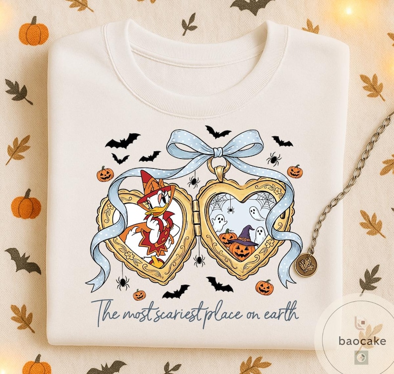 May include: Cream sweatshirt with a Halloween design. The graphic shows a heart-shaped locket with cartoon characters, pumpkins, bats, and spiders. The text "The most scariest place on earth" is printed below the locket.