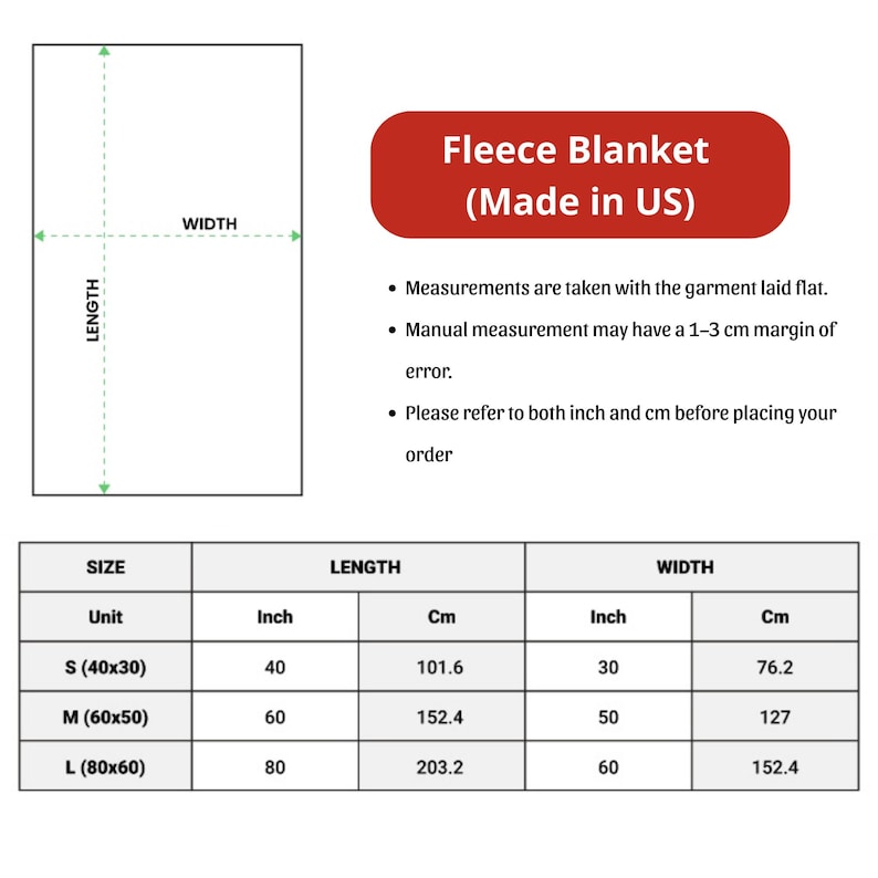 May include: A size chart for a fleece blanket made in the US, featuring a diagram with length and width labels. A table lists sizes S, M, and L with corresponding dimensions in inches and centimeters, noting a 1-3 cm margin of error for flat measurements.