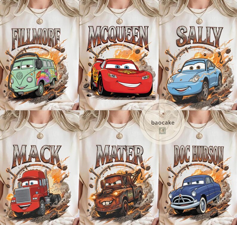 May include: Cream-coloured t-shirts featuring cartoon car characters: Fillmore, McQueen, Sally, Mack, Mater, and Doc Hudson. Each shirt displays a character's name in a vintage-style font, surrounded by a circular design with tools.